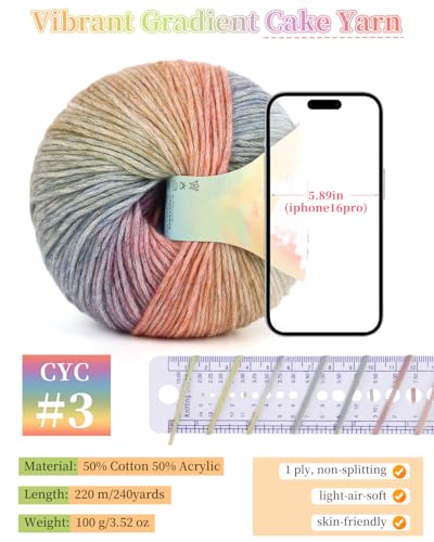 Image of Coopay Yarn for Crocheting and Knitting, Gradient Cake Yarns, 2 Pack x 3.53oz - 50% Cotton 50% Acrylic Ombre Yarns, Soft Crochet Yarn for Blankets, Shawls, Scarves (102 Rainbow)