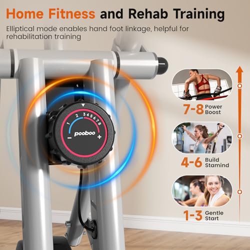 Image of pooboo Foldable Exercise Bike, Stationary Bike with Elliptical Mode, 8-Level Magnetic Resistance, Silent Indoor Bike for Home Fitness and Rehab Training, Adjustable Seat&Handrail, LCD monitor, 300LBS (Silver)
