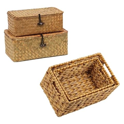 Wicker Baskets for Organizing, Set of 2 Wicker Basket with Lid & Waterproof Rattan Wicker Baskets for Storage Cover