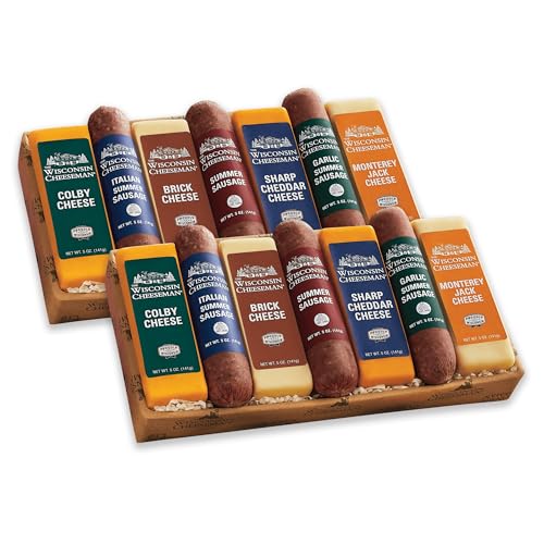 The Wisconsin Cheeseman Two Cheese and Sausage Combos - Featuring Colby, Brick, Sharp Cheddar, and Colby Bars, Italian Summer, Summer, and Garlic Summer Sausages, Premium Gift for Charcuterie Boards