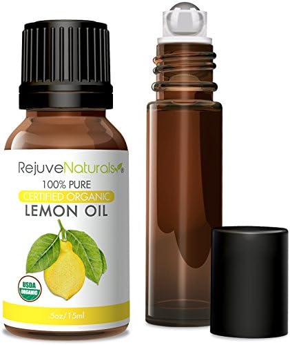 Lemon Essential Oil, Includes 10ml Amber Glass Roll-On Bottle USDA Certified Organic by RejuveNaturals, 15 ml ~ 100% Pure, Cold Pressed, Food Grade ~ for Skin, Cleaning, or Aromatherapy Diffuser