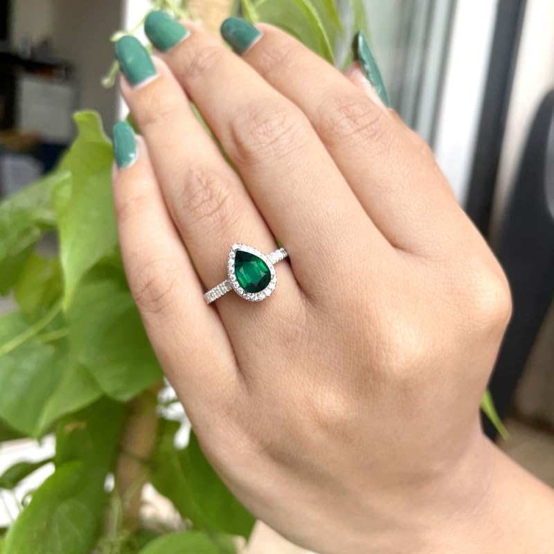 1 Ct. Pear Cut Green Emerald & Diamond Halo Engagement Ring For Women, 14K Gold Plated 925 Silver May Birthstone Emerald Bridal Side Stone Ring