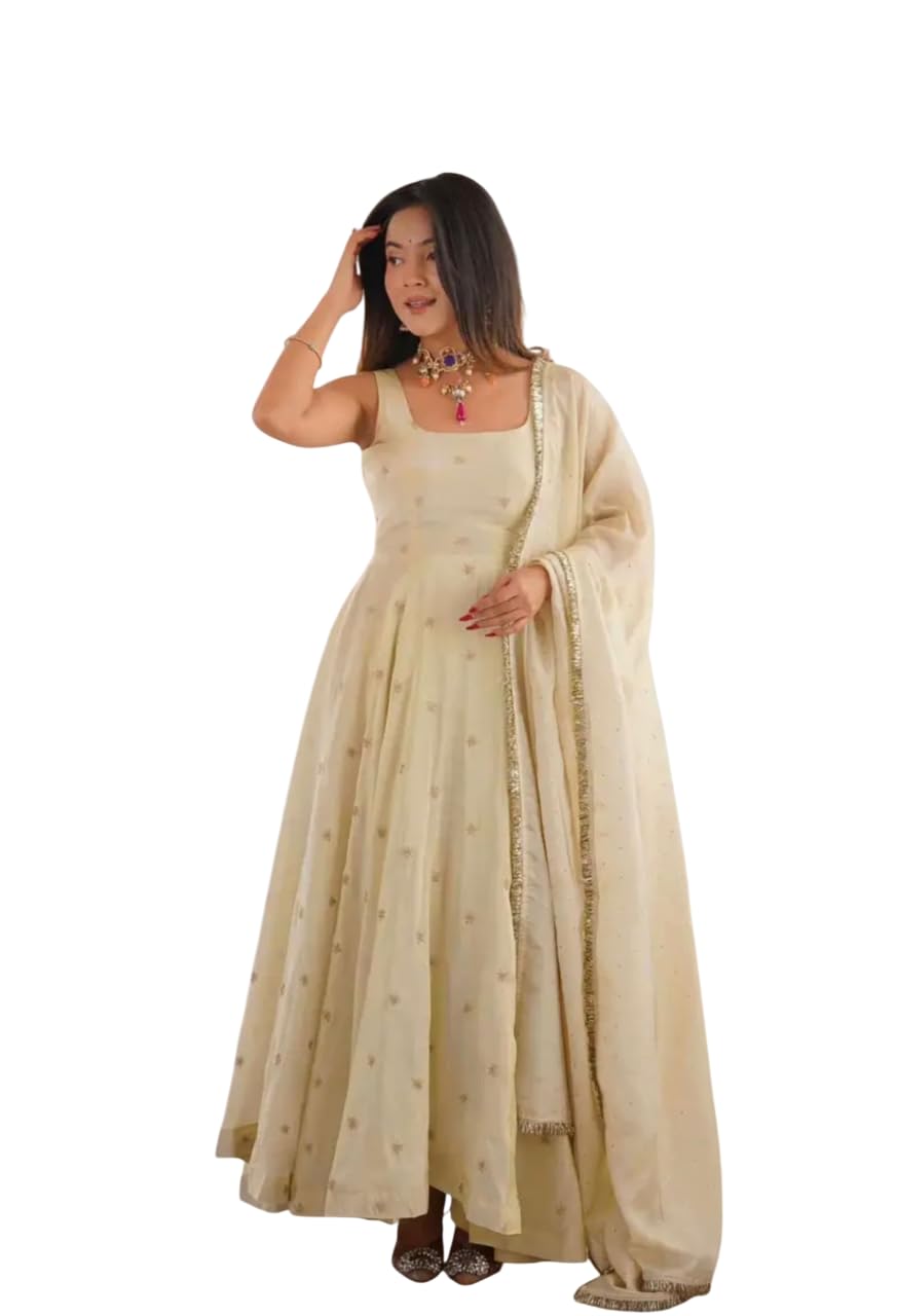 Women's Beautiful Cosmos Gold with Embroidery Work Gown Pant & Dupatta Set Anarkali Gown, Sleeveless Ethnic Gown and Dupatta Set Gown for Wedding