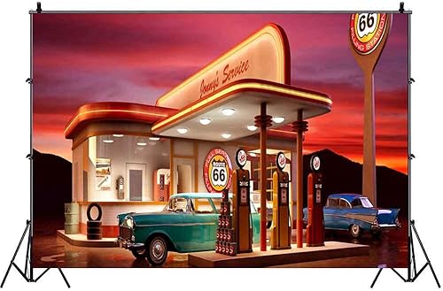 Telón de fondo de los años 50 para fiesta de baño, ruta 66, gasolinera, fondo de fotografía de automóvil vintage, 9 x 6 pies, pancarta de decoración