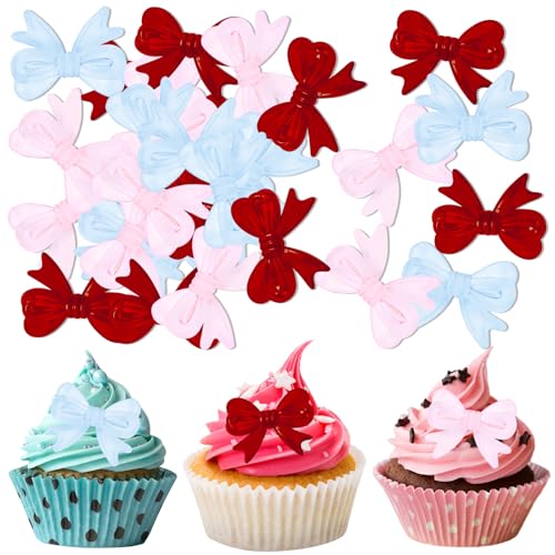 30Pcs Pink Red Blue Resin Butterfly Cake Decorations with Glue Dots, Blue Bow Party Decorations, Suitable for Decorating Birthday Parties, Engagement Ceremonies Graduation Parties & Baby Showers