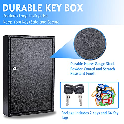Umeken Key Box Wall Mount 64 Position Metal Valet Key Cabinet Lock Box With Key Tags, Key Holder Lockbox Key Organizer Safe Storage Locker Box, Black, 11.81" X 3.15" X 17.72" #TOP2