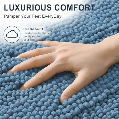 Image of Smiry Thick Chenille Bathroom Runner Rugs 59x24, Absorbent Striped Bath Mat, Machine Washable, Rubber Backing, Extra Long Bath Rugs for Tub & Shower, Modern Home Decor Accessories, Airy Blue