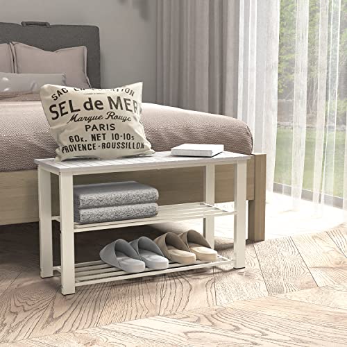 Image of Simple Houseware Wood Top Shoe Storage Bench for Entryway, White