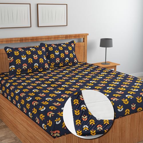Image of NEW LEAF Cotton Fitted King Bedsheets with 2 Pillow Covers | Elastic Fitted | Wrinklefree | Ultrasoft |Winter Bedsheet 200 to 220 tc Floral | 78x72+8 Inches, Floral Black Yellow