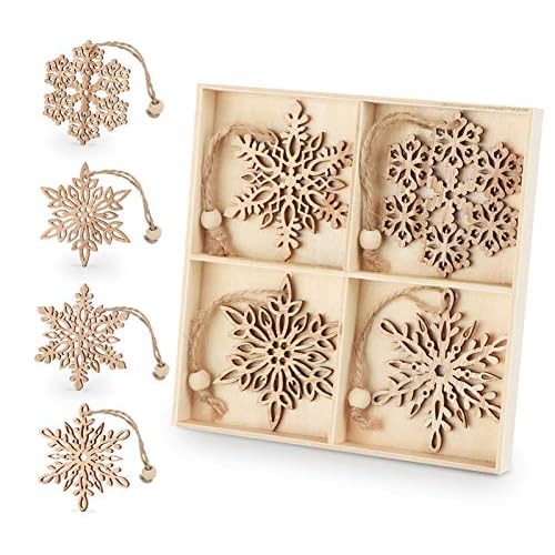 ilauke 12pcs Wooden Snowflakes Decorations 3 inch Christmas Ornaments Wood Hanging Ornament Rustic Farmhouse Christmas Craft Supplies