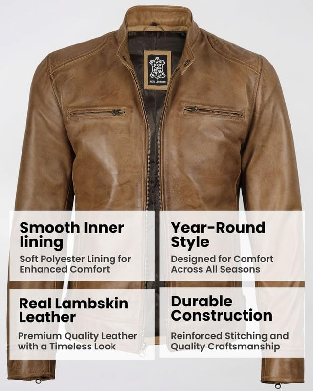 Image of Blingsoul Leather Jacket Men - Real Lambskin Cafe Racer Motorcycle Style Jacket for Mens