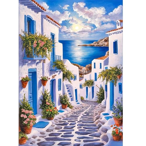 Image of Santorini Greece Diamond Art Kits for Adults, Landscape Diamond Painting Kits, Seaside Scenery 5D DIY Full Drill Diamond Dots Paint with Diamonds Gem Arts and Crafts for Home Wall Decor 12x16 inch