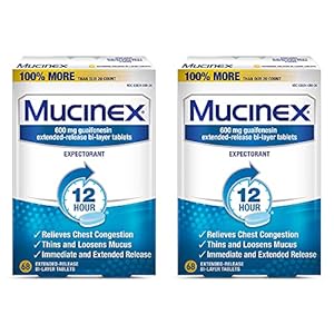 Mucinex 12 hour Chest Congestion Medicine, Chest Congestion Relief, Expectorant, Lasts 12 hours, Powerful Symptom Relief, Extended-Release Bi-layer tablets, Value Size, 68 count (Pack of 2)