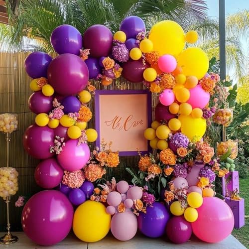 Image of Pink Purple Balloon Arch Double Stuffed Hot Pink Yellow Balloons Different Size Latex Magenta Balloon Garland for Happy Birthday Baby Shower Spring Wildflower Wedding Mexican Party Decorations