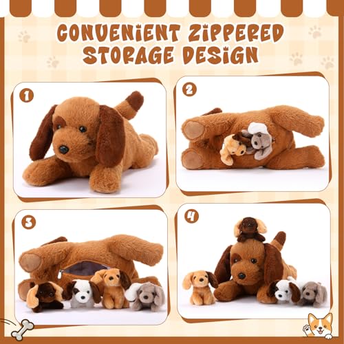 Skylety 5 Stück Welpen Kuscheltiere Mama Hundebauch mit 4 Niedlichen Plüschtier Hunde Spielzeug Kissen Weich und Kuschelig Stofftiere Welpen Sortiment für Geburtstag Weihnachten(Fleck GoldenRetriever)