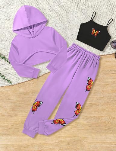 Image of Gaupafmb Girls Clothes 3PC Tie-dye with Butterfly Print Hoodie Sweatshirt Butterfly Print Cami Tops Sweatpants Girls