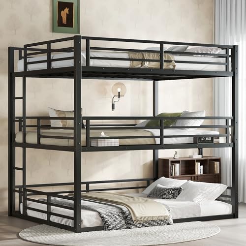 Image of Queen Over Full XL Over Queen Bunk Bed, Metal Triple Bunk Bed with Safety Guardrails, Modern Bed Frame for Kids, No Box Spring Required, Black