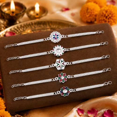 Image of Oblivion Set of 5 Silver Colour Designer Rakhi for Brother | Fancy Multi Design Rakhi Collection with Ganesh Ji Pooja Thali, Coin & Greeting Card | Raksha Bandhan Gift Set