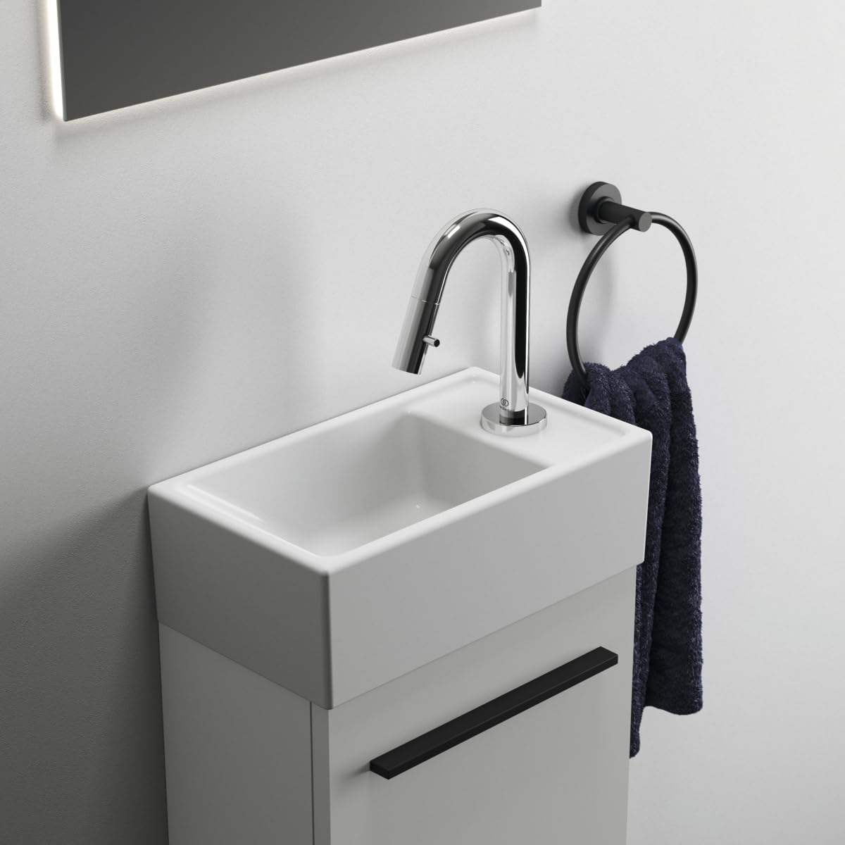 Ideal Standard I.LIFE TEMPO, Lave-mains pour Salle de bain ou Toilettes, 37 x 21 x 11 cm, Fixation Mur ou Meuble Ilife, Céramique, Percé à Droite, Trop-Plein, Blanc, E211201