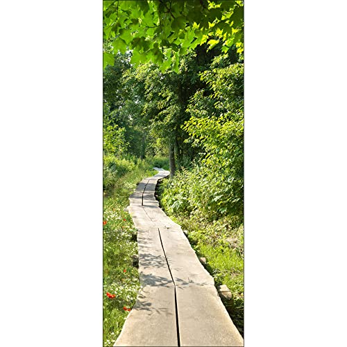 Sticker mural 204 cm X 83 cm, décoratif pour porte, trompe l'oeil forêt avec passerelle en bois. Décorez votre intérieur avec ce sticker mural unique.