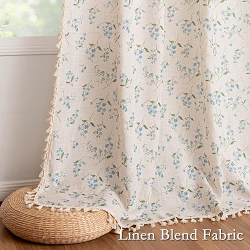 Image of MYSKY HOME Blue Floral Semi Sheer Boho Linen Curtains 63 Inch Length 2 Panels for Living Room Bedroom Light Filtering Spring Vintage Farmhouse French Tassels Back Tab Drapes, 50 inch Wide, 2 Panels