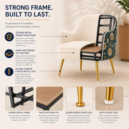 Image of Velvet Chair with Pillow for Home | Modern Accent Armchair in Soft Velvet Fabric with Golden Legs | Premium Accent Chair for Living Room Bedroom Restaurent | (Off White, Big Zara)