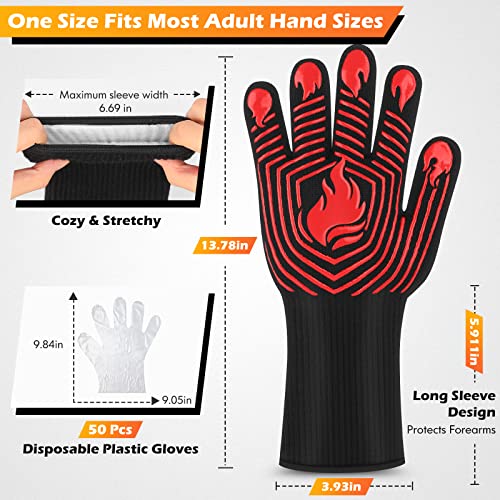 Bbq Gloves, 1472°F Heat Resistant Gloves Fireproof Mitts，Grilling Gloves Silicone Non-Slip Washable Oven Gloves, Kitchen Gloves For Barbecue, Grilling, Cooking, Baking, Camping, Smoker (Red) #TOP1