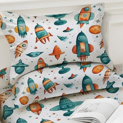 Image of 240 TC Cotton Feel Glace Cotton Elastic Fitted Printed King Size Double Bed Bedsheet with 2 Pillow Covers and Fits Upto 4-6 inches Mattress, Size- 72 inchx78 inch(Rocket)