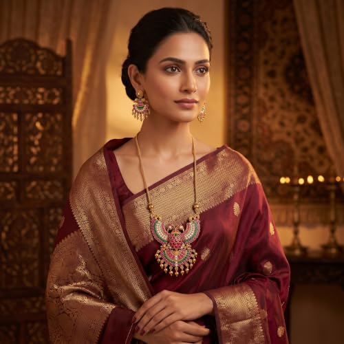 Image of Traditional Gold-Plated Lakshmi Temple Pendant Necklace Set for Women | Antique South Indian Jewelry with Jhumka Earrings | Ethnic Bridal, Wedding & Festive Jewelry Set