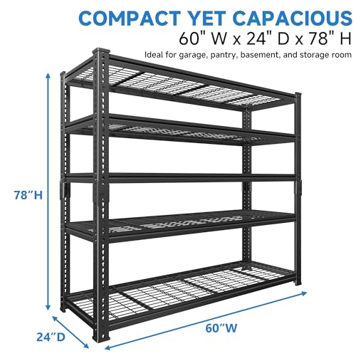 LUXEYARD Heavy Duty Garage Shelving, 60" W x 24" D x 78" H, 5-Tier Adjustable Metal Storage Rack, 660 lbs Per Shelf, 3300 lbs Total Capacity, Black, 1-Pack - image 3