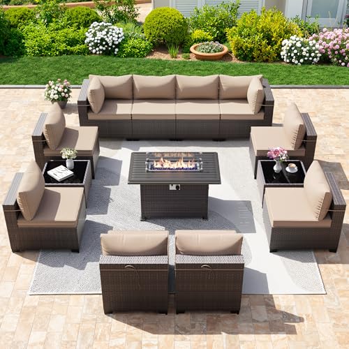Image of 13 Pieces Outdoor Patio Furniture Set,Outdoor Sectional Furniture with 43 inch 55000 BTU Gas Propane Fire Pit Table,PE Rattan Wicker Patio Conversation Set with 10 Thickened Cushions,Sand
