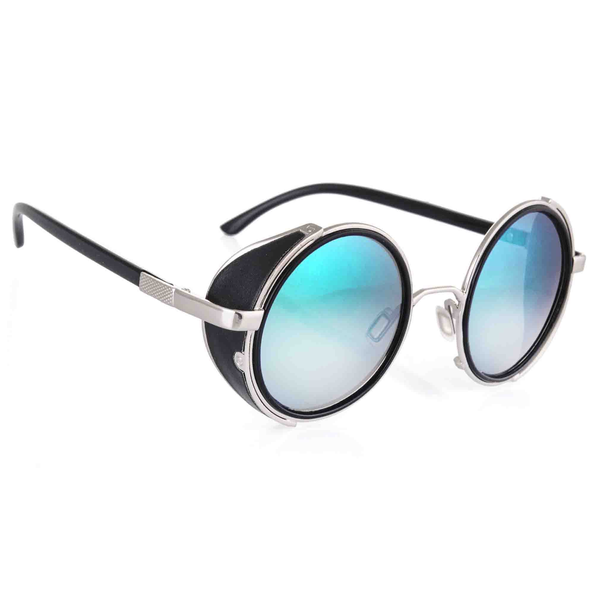 Morefaz Men's Blue /Silver Mirror Lens Steampunk Sunglasses Mirrored 50S Round Glasses Cyber Goggles Vintage Retro Hippy Style Wo's Original Mirror Lens Mfaz Ltd (Blue/Silver Mirror Lens)