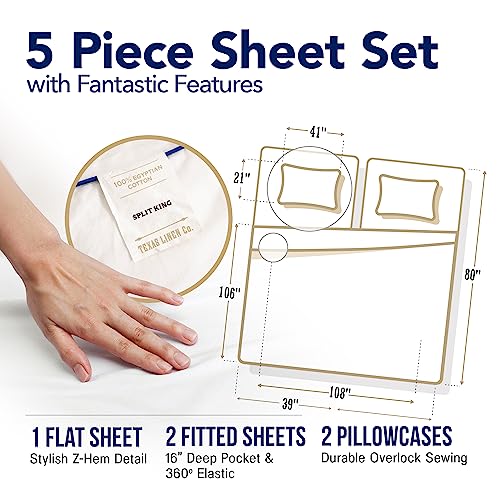 Image of TEXAS LINEN CO. 100% Egyptian Cotton Split King Sheet Sets - Luxury 1000 Series Lonestar Lovin' Collection Split King Sheet Set (5 PC, White), Soft, Cooling, 16 inch Deep Pocket Sateen Hotel Bed Sheets