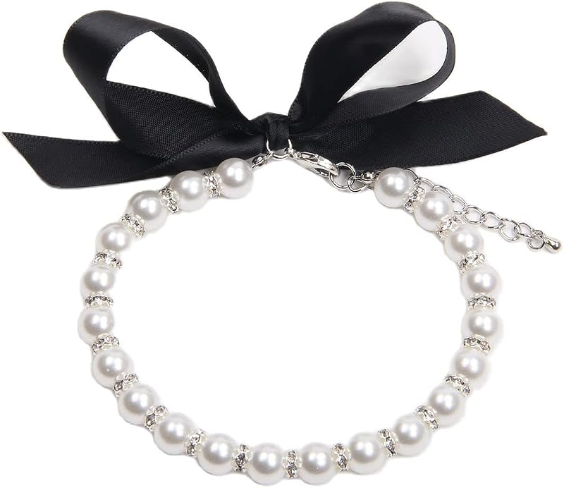 Coleira para Cães e Gatos com Pérolas, Strass e Laço Branco XKSRWE – Tamanho L