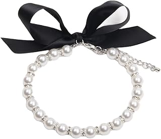 Dog Cat Pearls Necklace Collar with Bling Accessories and Ribbon Bow Pet Puppy Jewelry