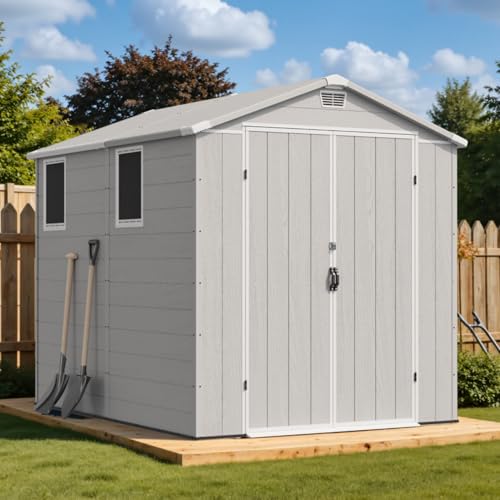 Image of Devoko 6x8 FT Resin Storage Shed with Floor, Outdoor Plastic Garden Shed with Window, Waterproof Tool Storage Shed with Lockable Door for Backyard, Patio, Lawn, Light Gray