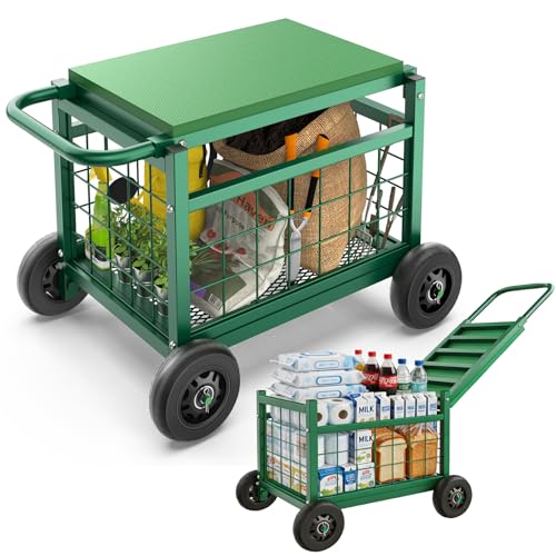 Image of Extra Large Garden Cart with Seat, 3-in-1 Rolling Workseat with Wheels | Upgraded Large Storage Basket Garden Rolling Stools with Wheels, Supports up to 500 LBS for Seniors Gardening, Green