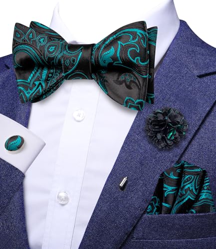 Image of Dubulle Self Tie Bow Ties and Lapel Pin for Men Paisley Solid Mens Bowtie and Handkerchief Cufflinks Set Wedding