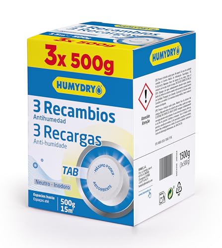 HUMYDRY - Pack 3 Recambios Antihumedad de 500g para Deshumidificadores Humydry a Partir de 450g – Espacios de hasta 15m2 - Absorben la Humedad y Elimina Olores – Neutra, Lavanda o Manzana