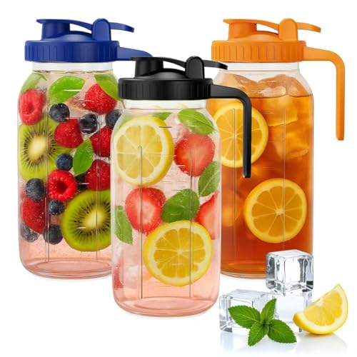 Image of 64oz Mason Jar Pitcher - Airtight & Leakproof Glass Pitchers with Handle and Lid, Perfect for Breastmilk, Cold Brew and Sun Tea for Outside,2 Quart Mason Jar with Pour Spout Lid,1/2 Gallon Water Jug