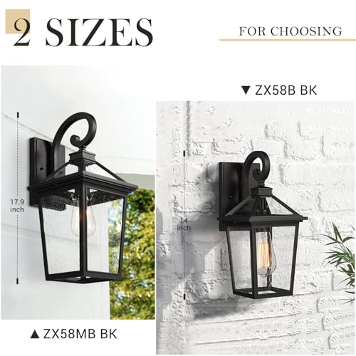 Image of zeyu 18 Inch Outside Light Fixture, Exterior Wall Lighting Fixture for House Porch, Die-Cast Aluminum with Seeded Glass, Black Finish, ZX58MB BK