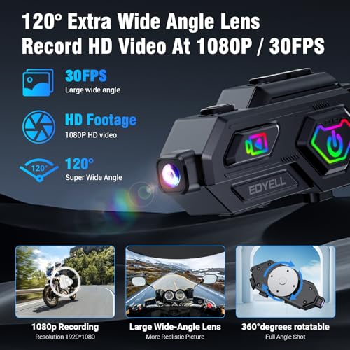 Image of EDYELL Motorcycle Helmet Headset with Camera 1080P HD,360Adjustable Clip,120 Wide Angle,V5.3 HiFi Stereo Calls,IPX6 Waterproof Anti-Collision Recorder,1500 mAh Long Life High Capacity Battery