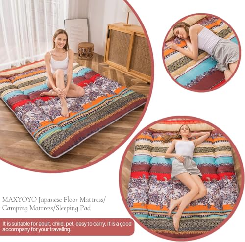 Image of MAXYOYO Bohemian Retro Floor Mattress Vintage Floral Japanese Futon Mattress Roll Up Thicken Sleeping Mat Portable Camping Mattress Floor Lounger Couch Mattress Pad, Full Size