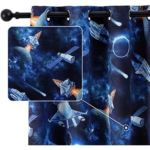 Drewin Blackout Curtains for Kids Room Outer Space Themed Window Curtain Boys Bedroom Darkening Thermal Insulated Drapes 2 Panels Nursery Decor, Dark Blue 52x45 Inches Cover