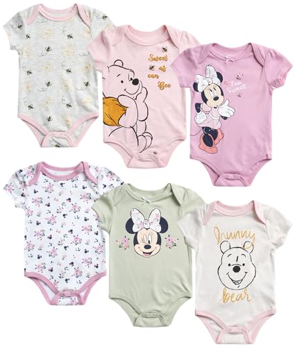 Image of Disney Baby Girls Minnie Mouse & Winnie the Pooh 6 Pack Short Sleeve Bodysuits (Newborn, 0-9 Months)