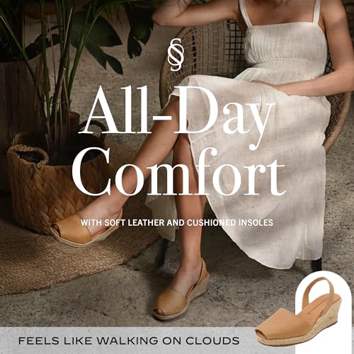 Image of Espadrilles Wedges for Women, Dressy Soft Leather Peep Toe Womens Espadrille Sandals, Comfortable Casual Summer Slip On