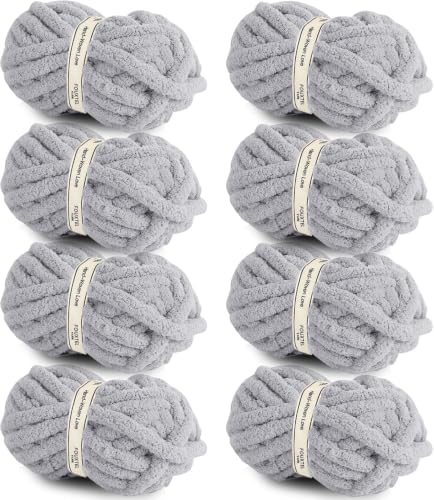Image of 8 Jumbo Packs Chunky Chenille Yarn for Crocheting, 31.7 yds, 8 oz Each Skein Bulky Thick Fluffy Yarn for Knitting, Super Bulky Chunky Yarn for Hand Knitting Blanket, Soft Plush - Light Gray