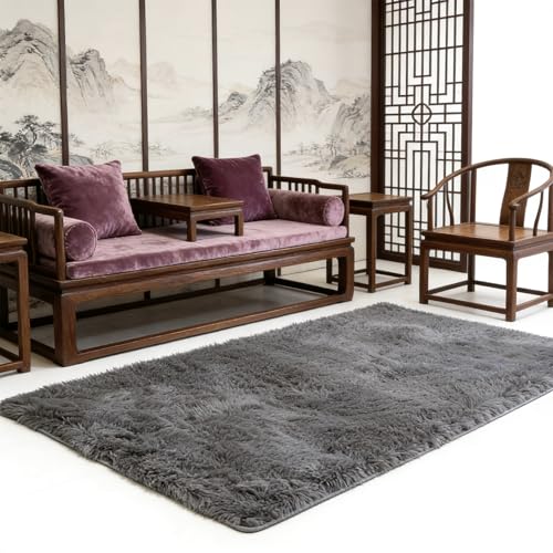 Tapis de Salon Gris 300x165 cm à Poils Longs et Moelleux pour Chambre