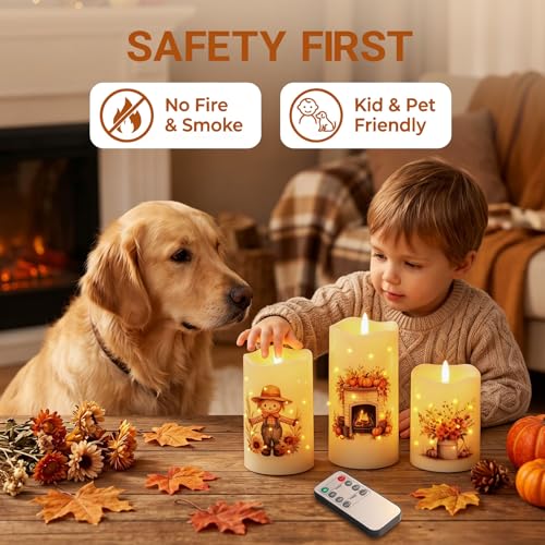Image of Eywamage Fall Fiber Optic Flameless Pillar Candles with Remote Timer, Flickering Pumpkin Maple Leaves LED Battery Candles Autumn Harvest Home Table Decor Set of 3