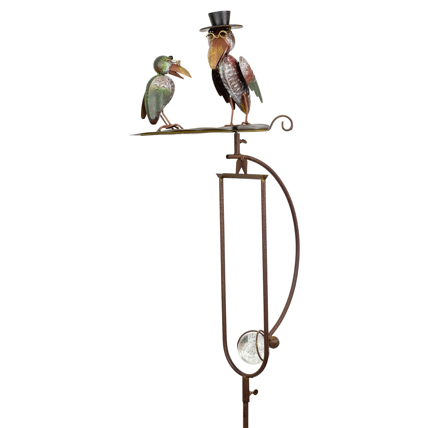 Piquet de jardin décoratif en métal - 150 cm de haut - 2 oiseaux amusants avec cylindre et lunettes sur cadre pendulaire - Résistant aux intempéries - Figurine de décoration de jardin mobile avec